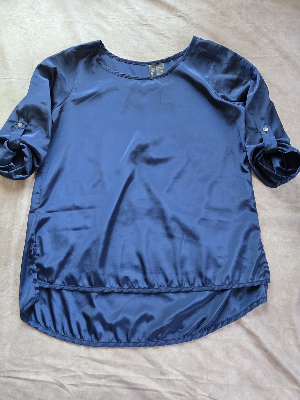Satin Navy Roll-Sleeve Women's Top Sz M